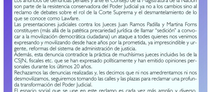 MULTISECTORIAL #1F: RECHAZO A LA DENUNCIA POR SEDICIÓN CONTRA LXS JUECES MARTINA FORNS Y JUAN RAMOS PADILLA
